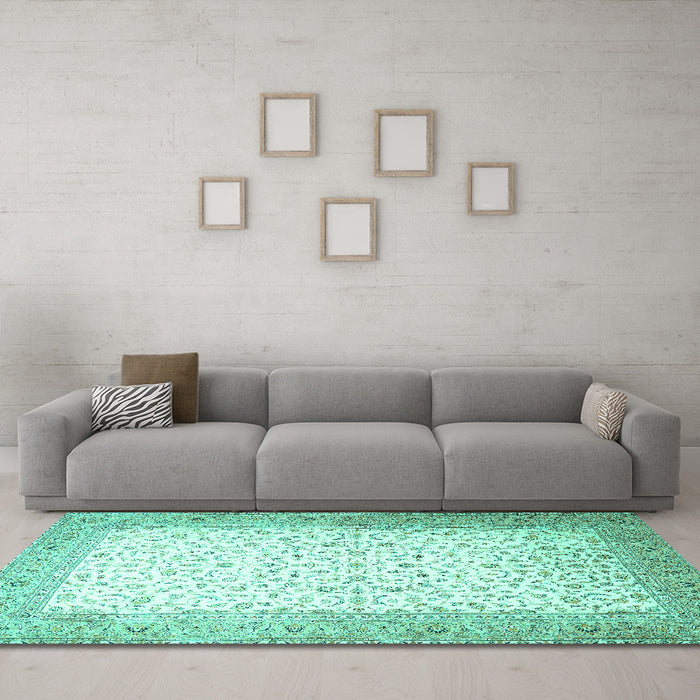 Machine Washable Persian Turquoise Traditional Area Rugs in a Living Room,, wshtr1035turq