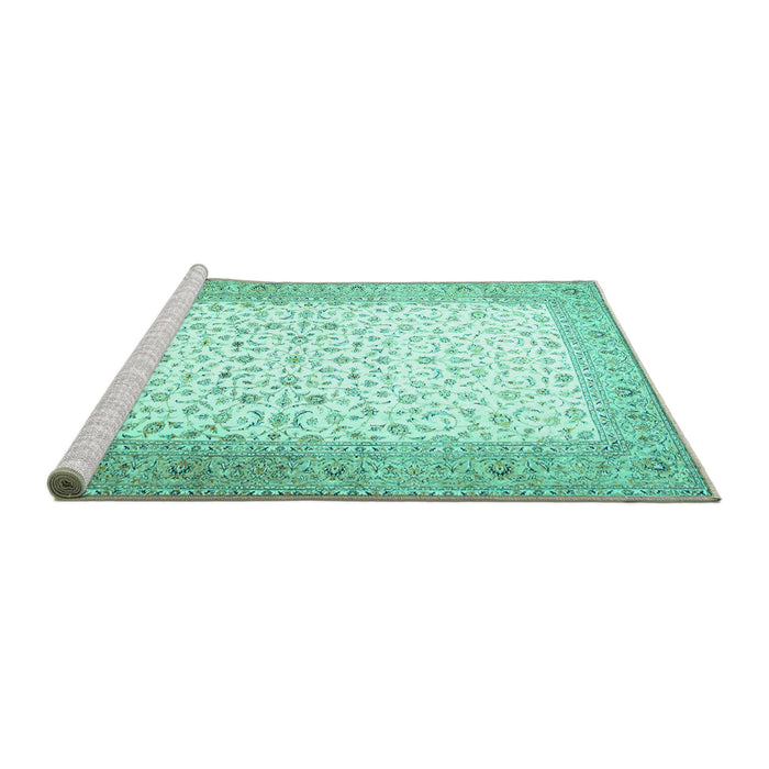 Sideview of Machine Washable Persian Turquoise Traditional Area Rugs, wshtr1035turq