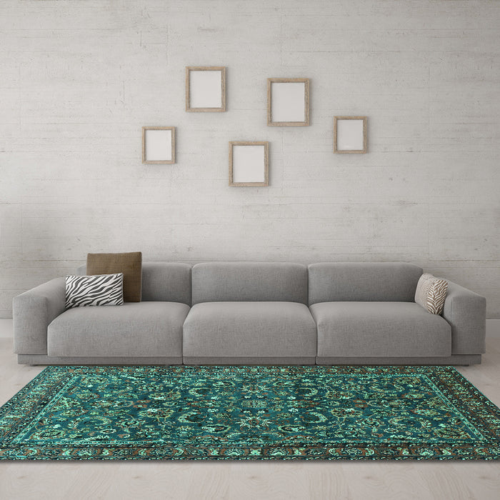 Machine Washable Persian Turquoise Traditional Area Rugs in a Living Room,, wshtr1037turq