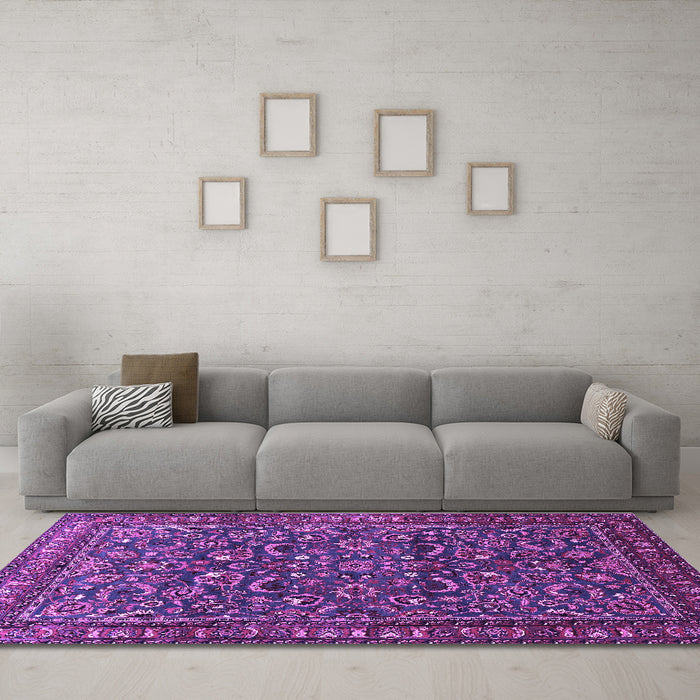 Machine Washable Persian Purple Traditional Area Rugs in a Living Room, wshtr1037pur