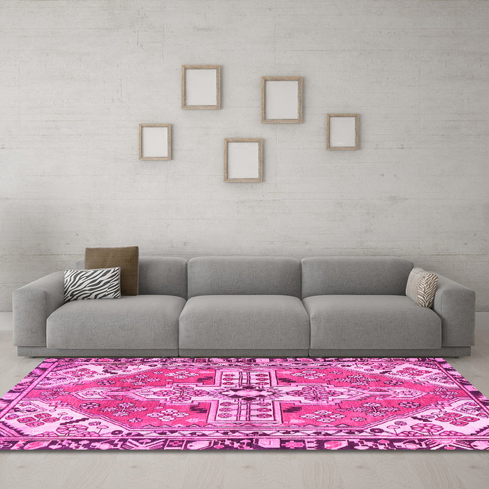Machine Washable Persian Pink Traditional Rug in a Living Room, wshtr1038pnk