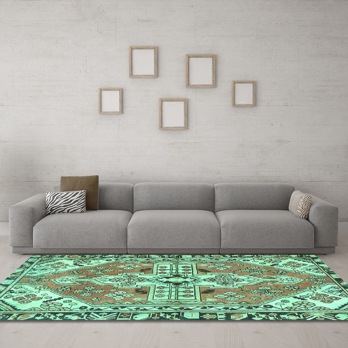 Machine Washable Persian Turquoise Traditional Area Rugs in a Living Room,, wshtr1038turq