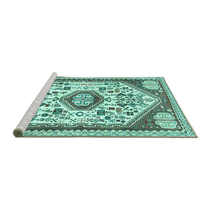 Sideview of Machine Washable Persian Turquoise Traditional Area Rugs, wshtr1039turq