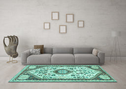 Machine Washable Persian Turquoise Traditional Area Rugs in a Living Room,, wshtr1039turq