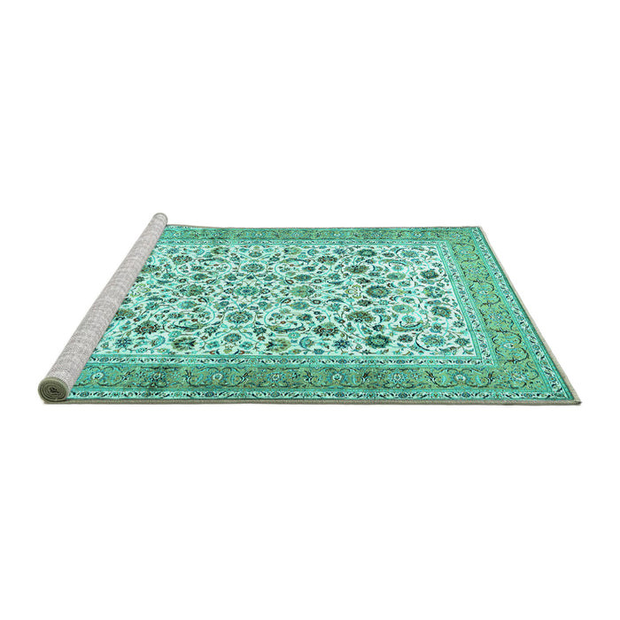 Sideview of Machine Washable Persian Turquoise Traditional Area Rugs, wshtr1040turq