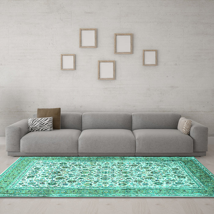 Machine Washable Persian Turquoise Traditional Area Rugs in a Living Room,, wshtr1040turq