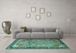 Machine Washable Medallion Turquoise Traditional Area Rugs in a Living Room,, wshtr1041turq