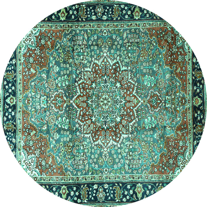 Round Machine Washable Medallion Turquoise Traditional Area Rugs, wshtr1041turq