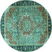 Round Machine Washable Medallion Turquoise Traditional Area Rugs, wshtr1041turq