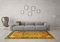 Machine Washable Medallion Yellow Traditional Rug, wshtr1041yw