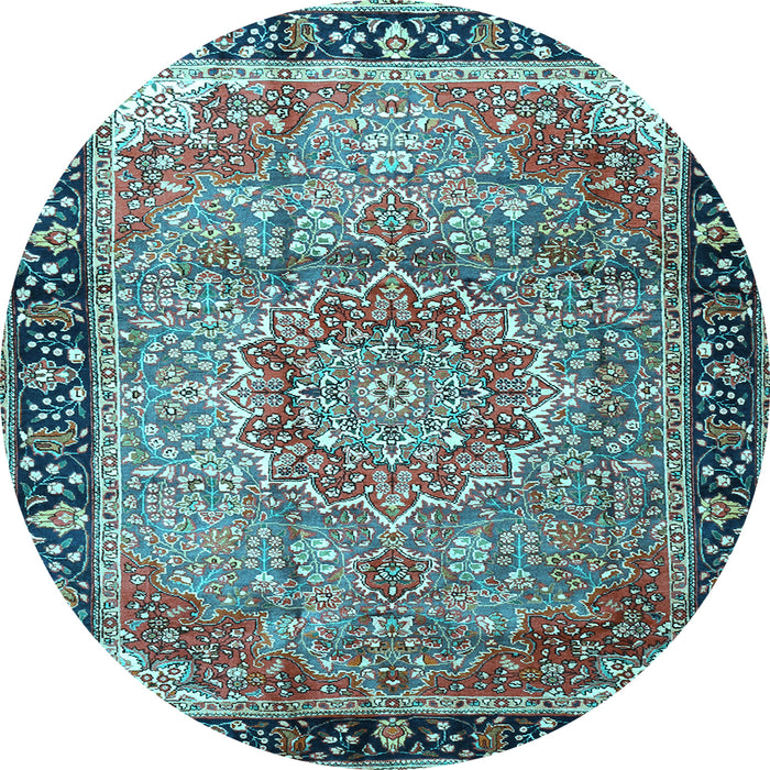 Round Machine Washable Medallion Light Blue Traditional Rug, wshtr1041lblu