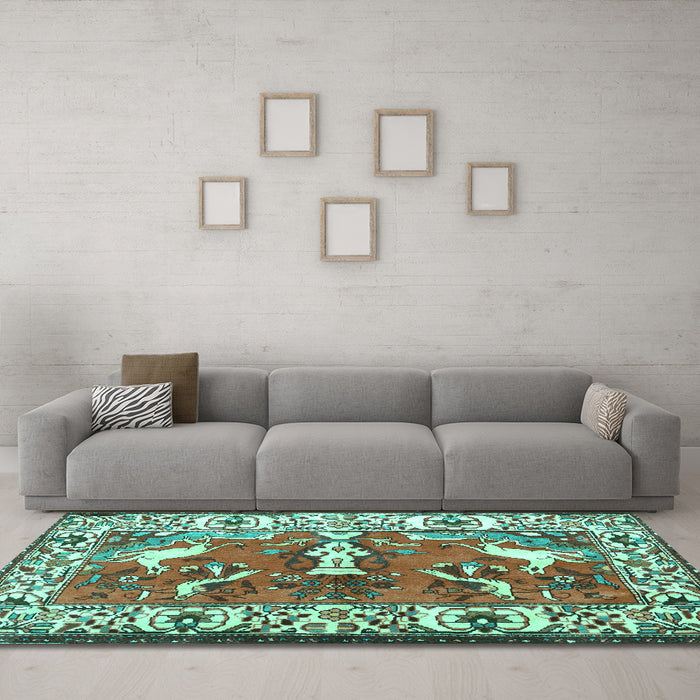 Machine Washable Animal Turquoise Traditional Area Rugs in a Living Room,, wshtr1042turq