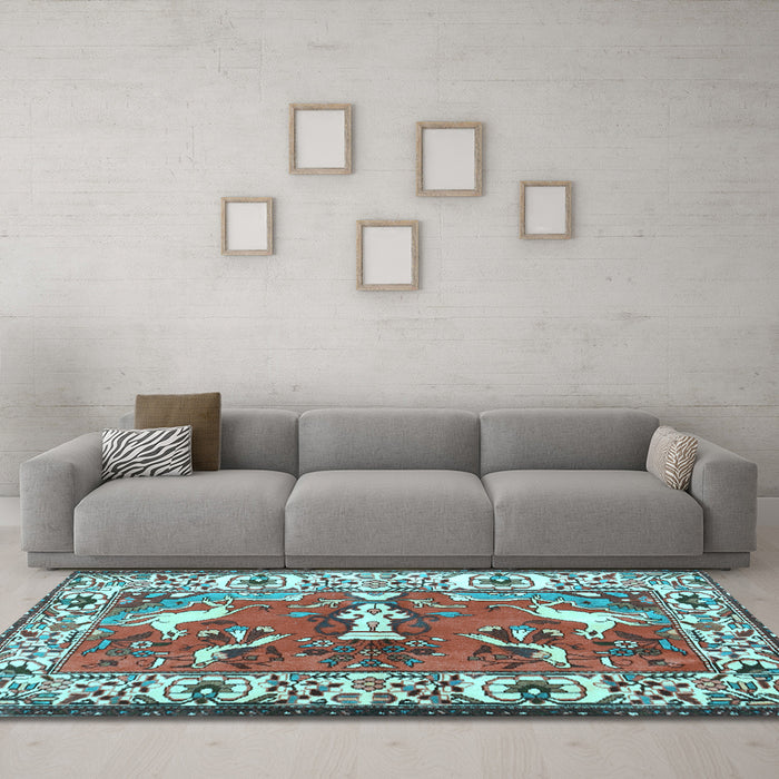 Machine Washable Animal Light Blue Traditional Rug in a Living Room, wshtr1042lblu