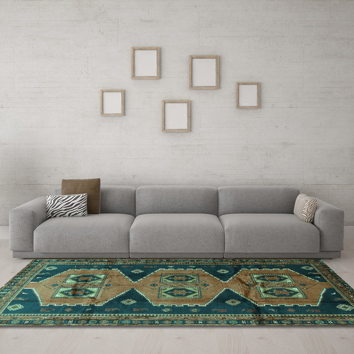 Machine Washable Persian Turquoise Traditional Area Rugs in a Living Room,, wshtr1043turq