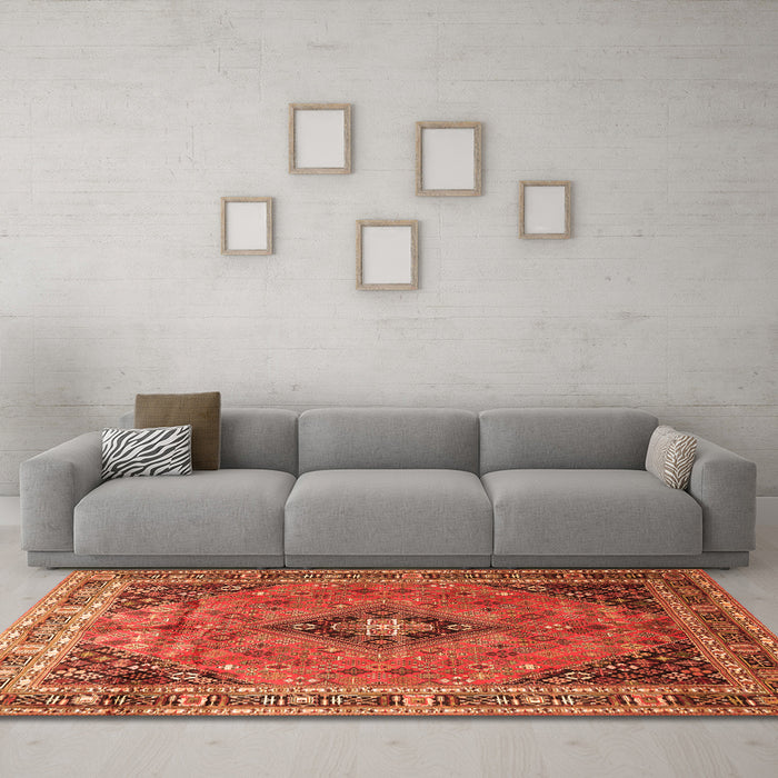 Machine Washable Medallion Orange Traditional Area Rugs in a Living Room, wshtr1044org