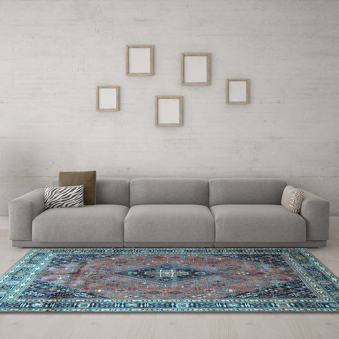 Machine Washable Medallion Light Blue Traditional Rug in a Living Room, wshtr1044lblu