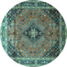 Round Machine Washable Medallion Turquoise Traditional Area Rugs, wshtr1044turq