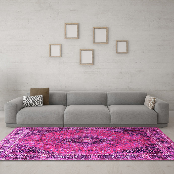 Machine Washable Medallion Pink Traditional Rug in a Living Room, wshtr1044pnk