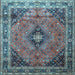 Square Machine Washable Medallion Light Blue Traditional Rug, wshtr1044lblu