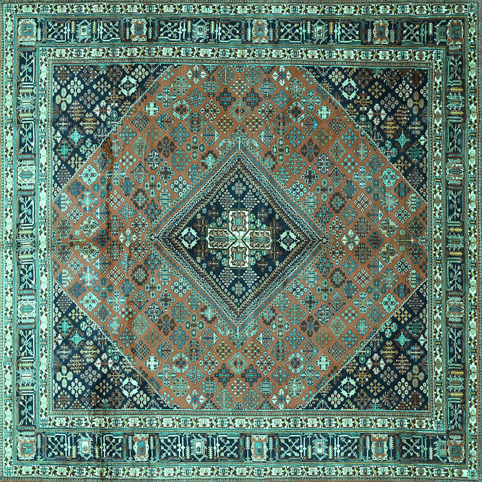 Square Machine Washable Medallion Turquoise Traditional Area Rugs, wshtr1044turq