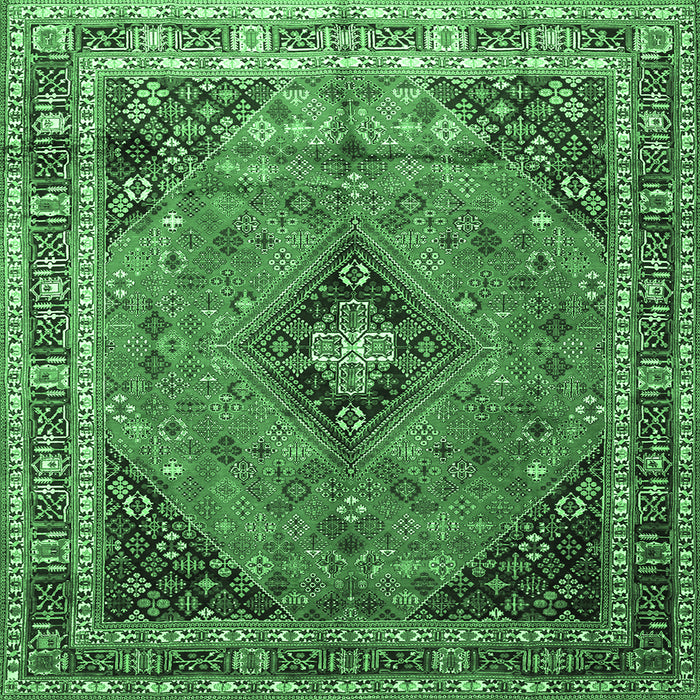 Square Machine Washable Medallion Emerald Green Traditional Area Rugs, wshtr1044emgrn
