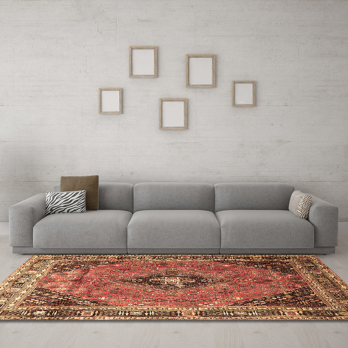 Machine Washable Medallion Brown Traditional Rug in a Living Room,, wshtr1044brn