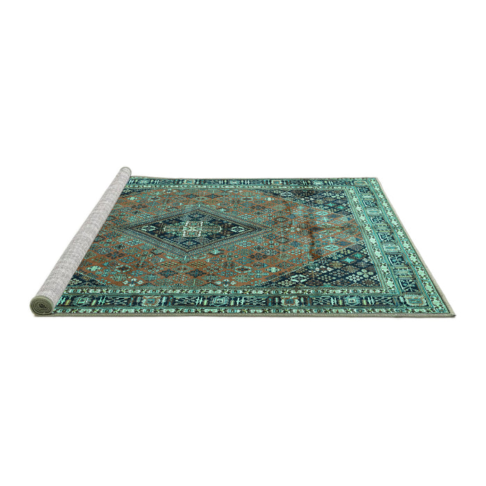 Sideview of Machine Washable Medallion Turquoise Traditional Area Rugs, wshtr1044turq