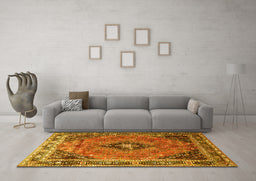 Machine Washable Medallion Yellow Traditional Rug in a Living Room, wshtr1044yw