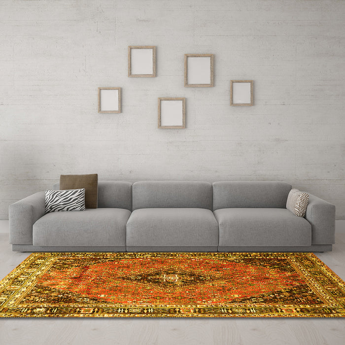 Machine Washable Medallion Yellow Traditional Rug in a Living Room, wshtr1044yw