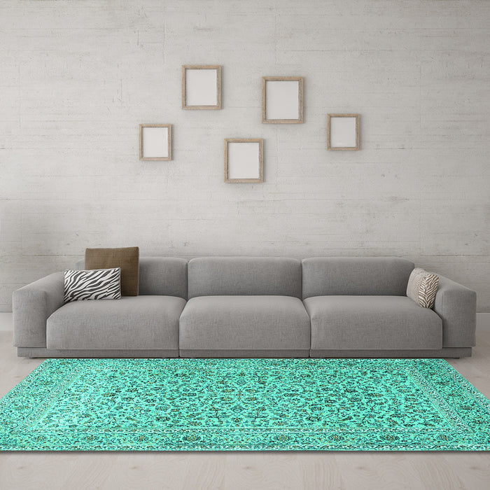Machine Washable Persian Turquoise Traditional Area Rugs in a Living Room,, wshtr1045turq