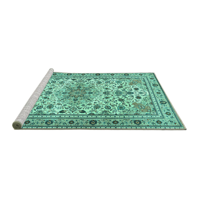 Sideview of Machine Washable Persian Turquoise Traditional Area Rugs, wshtr1046turq
