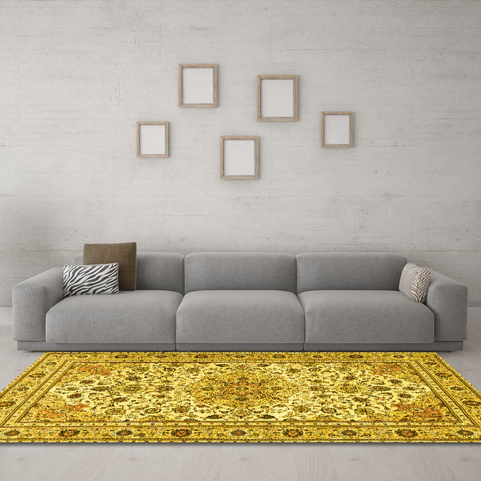 Machine Washable Persian Yellow Traditional Rug in a Living Room, wshtr1046yw