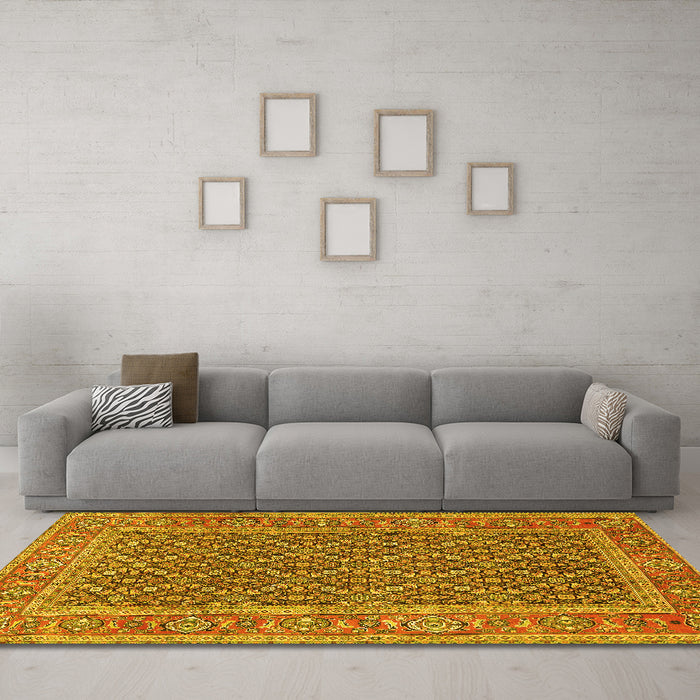 Machine Washable Persian Yellow Traditional Rug in a Living Room, wshtr1047yw