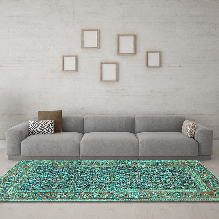 Machine Washable Persian Turquoise Traditional Area Rugs in a Living Room,, wshtr1047turq