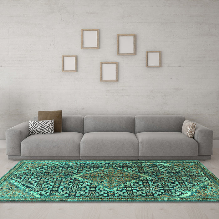 Machine Washable Persian Turquoise Traditional Area Rugs in a Living Room,, wshtr1048turq