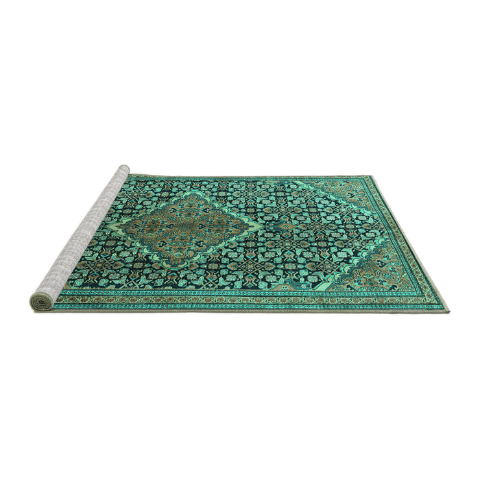Sideview of Machine Washable Persian Turquoise Traditional Area Rugs, wshtr1048turq