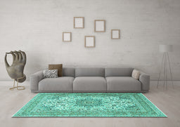 Machine Washable Medallion Turquoise Traditional Area Rugs in a Living Room,, wshtr1049turq
