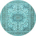 Round Machine Washable Medallion Light Blue Traditional Rug, wshtr1049lblu