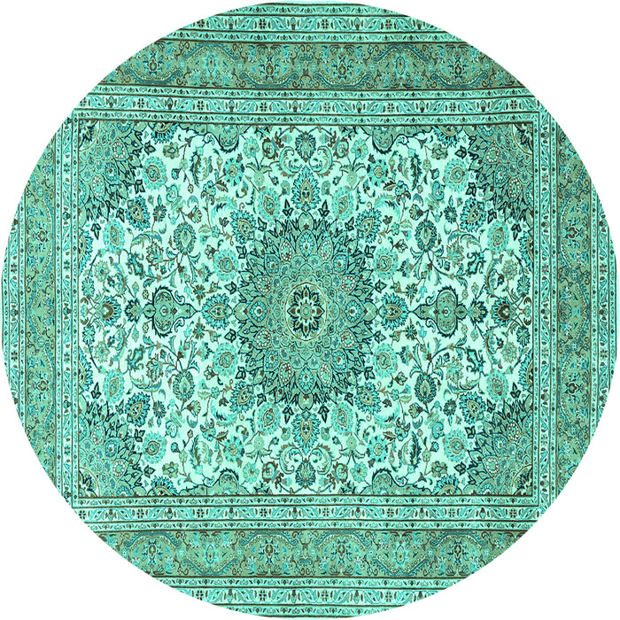 Round Machine Washable Medallion Turquoise Traditional Area Rugs, wshtr1049turq