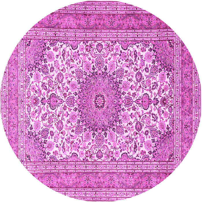 Round Machine Washable Medallion Pink Traditional Rug, wshtr1049pnk