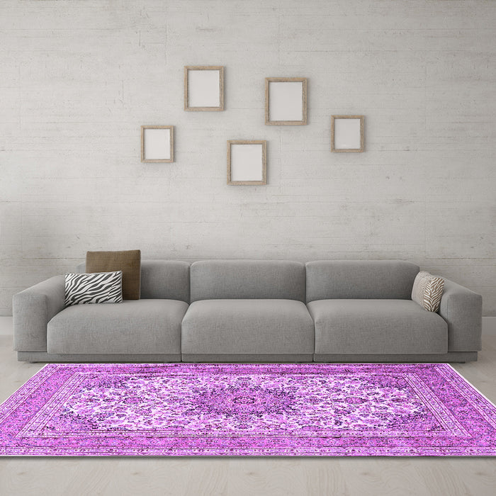 Machine Washable Medallion Purple Traditional Area Rugs in a Living Room, wshtr1049pur
