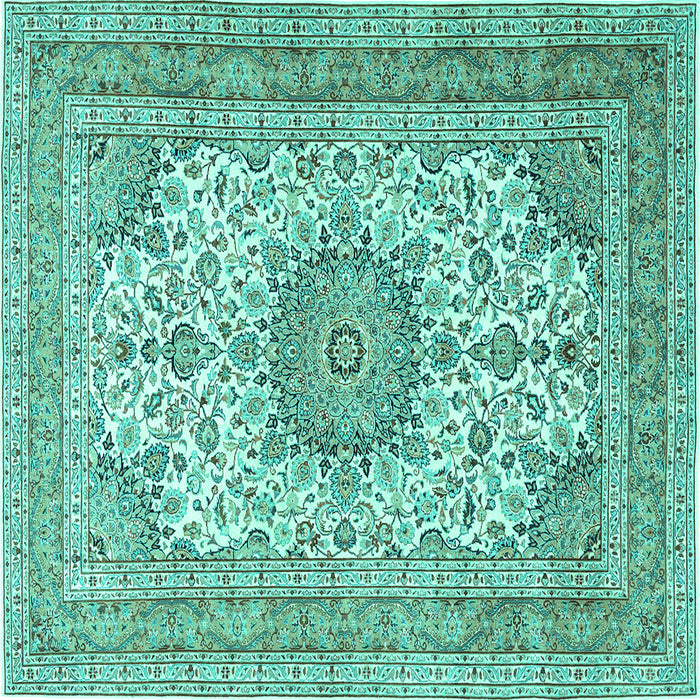 Square Machine Washable Medallion Turquoise Traditional Area Rugs, wshtr1049turq