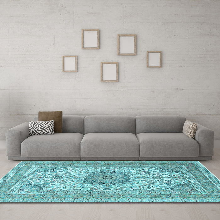 Machine Washable Medallion Light Blue Traditional Rug in a Living Room, wshtr1049lblu