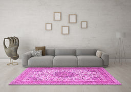 Machine Washable Medallion Pink Traditional Rug in a Living Room, wshtr1050pnk