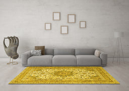 Machine Washable Medallion Yellow Traditional Rug in a Living Room, wshtr1050yw