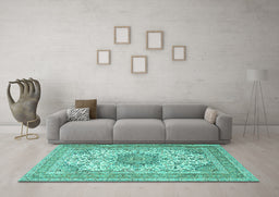 Machine Washable Medallion Turquoise Traditional Area Rugs in a Living Room,, wshtr1050turq