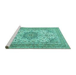 Sideview of Machine Washable Medallion Turquoise Traditional Area Rugs, wshtr1050turq
