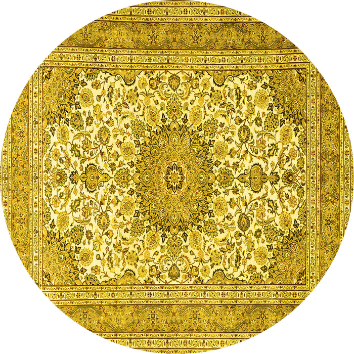 Round Machine Washable Medallion Yellow Traditional Rug, wshtr1050yw