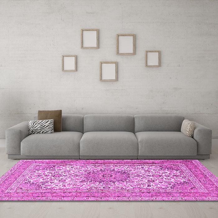 Machine Washable Medallion Pink Traditional Rug in a Living Room, wshtr1051pnk