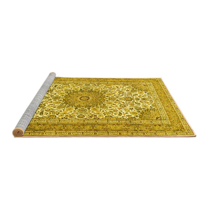 Sideview of Machine Washable Medallion Yellow Traditional Rug, wshtr1051yw